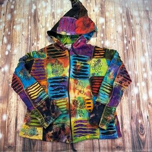 Hippie Boho Rib Patch Cotton Pixie Hood Print Slashed Razorcut Casual Jacket XXL